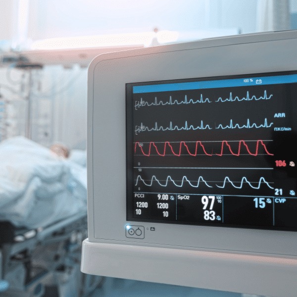 A hospital monitor displays vital signs, including heart rate, oxygen saturation, and blood pressure beside a patient in a clinical setting, highlighting the importance of insurance services like Spectre Financial for comprehensive healthcare coverage.