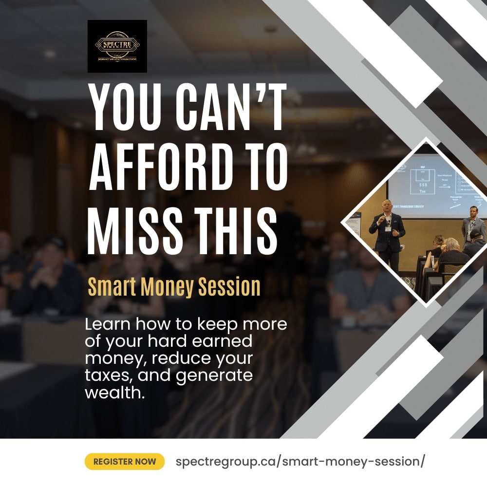 Promotional graphic for a Smart Money Session event, urging viewers not to miss it. Get advice on keeping more money, reducing taxes, and generating wealth as a featured speaker addresses the audience.