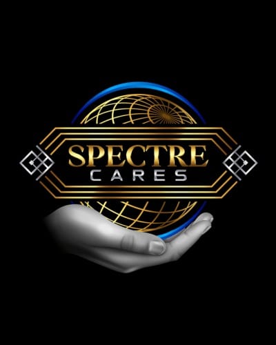 A stylized logo with a golden globe, the words "SPECTRE CARES" in gold and white text, and a silver hand gently holding the globe, all on a black background—perfect for financial services Windsor.