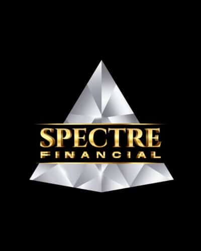 A metallic, geometric pyramid with the words "SPECTRE FINANCIAL" in bold gold letters across the center on a black background, representing premium financial services Windsor.